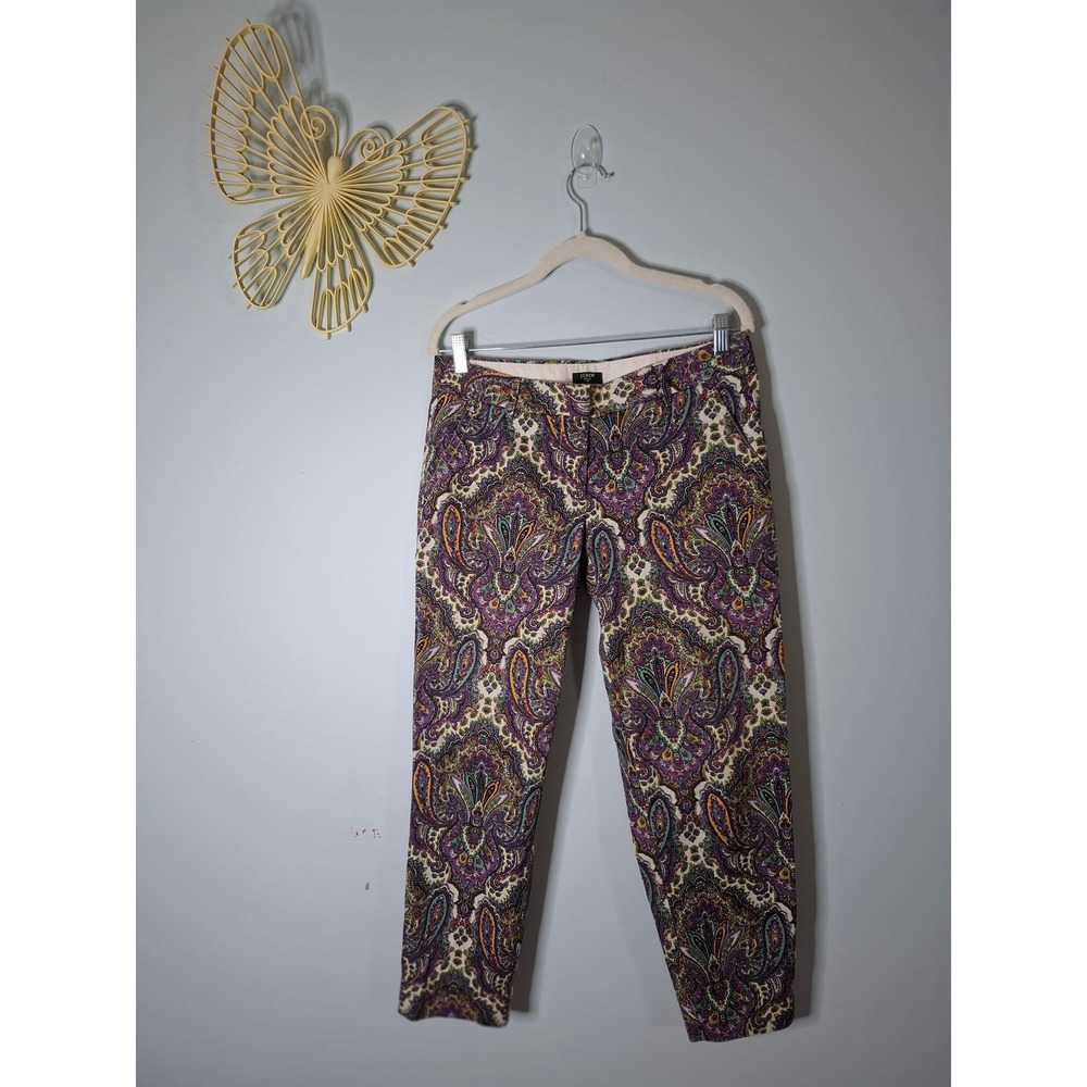 J.Crew City Fit Paisley Stretch Pants Purple Green Gold Cropped Trousers Size 4